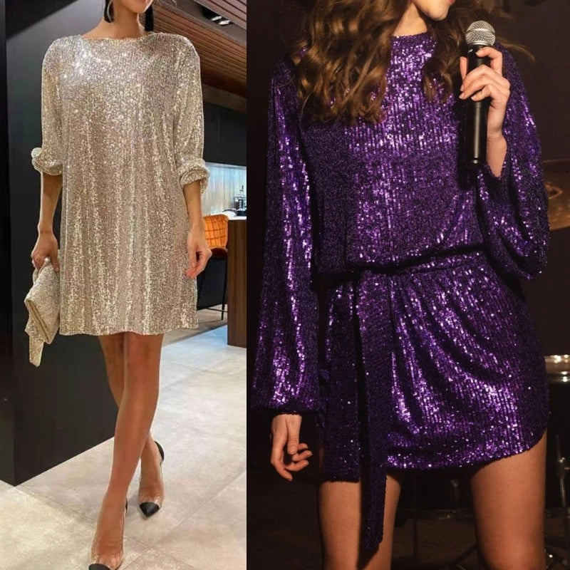 Womens Puff Long Sleeve Glitter Sequin Dress with Belt Evening Wedding Bridesmaid Sparkly Loose Fit Mini Short Dresses - reetell