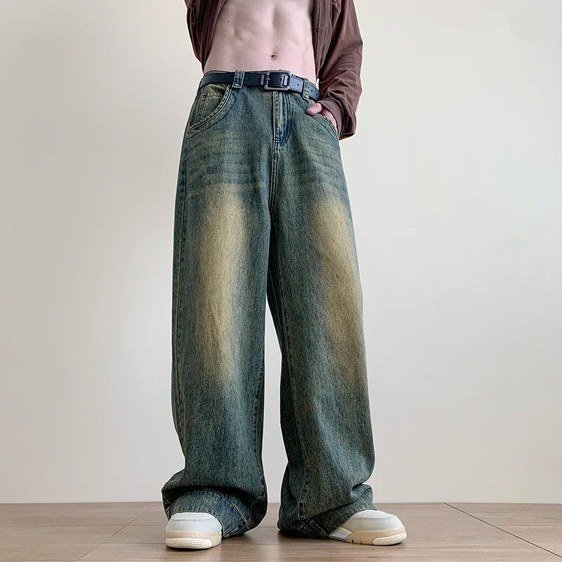 Distressed Vintage Blue Jeans Pants Men Wide-leg Denim Trousers Male Oversize Streetwear Fashion Casual Baggy Straight Jeans - reetell