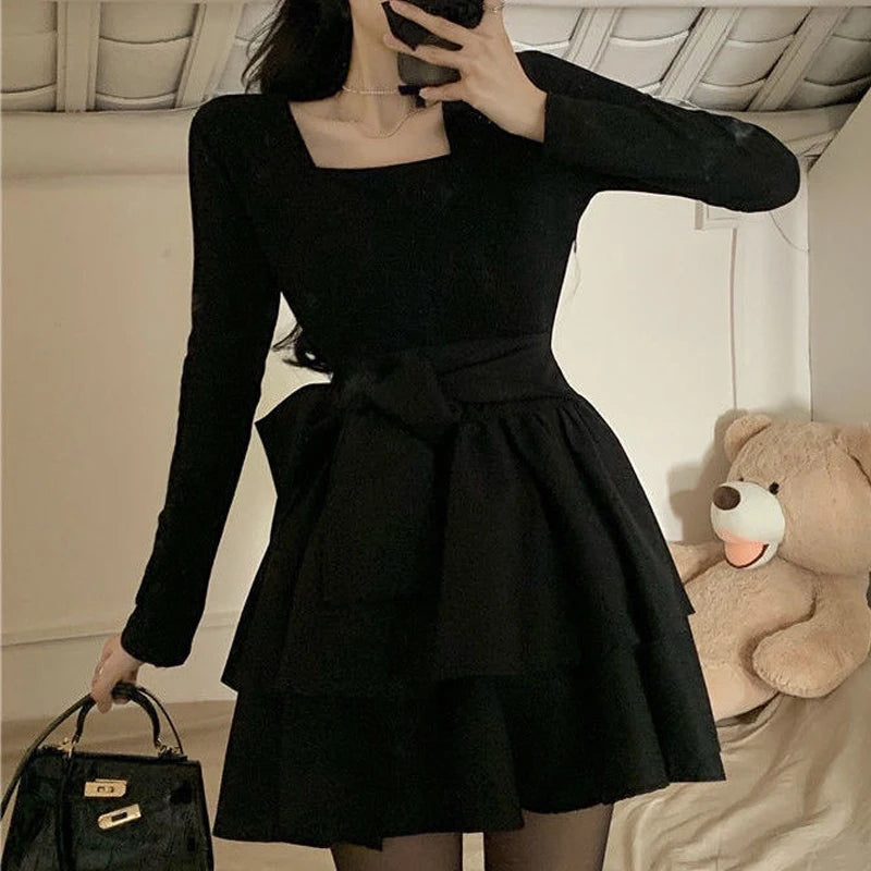 Women Vintage Bow Kawaii Sweet Fairy Elegant Party Dresses 2024 Spring Female Square Collar High Waist Slim Sexy Y2K Mini Dress - reetell