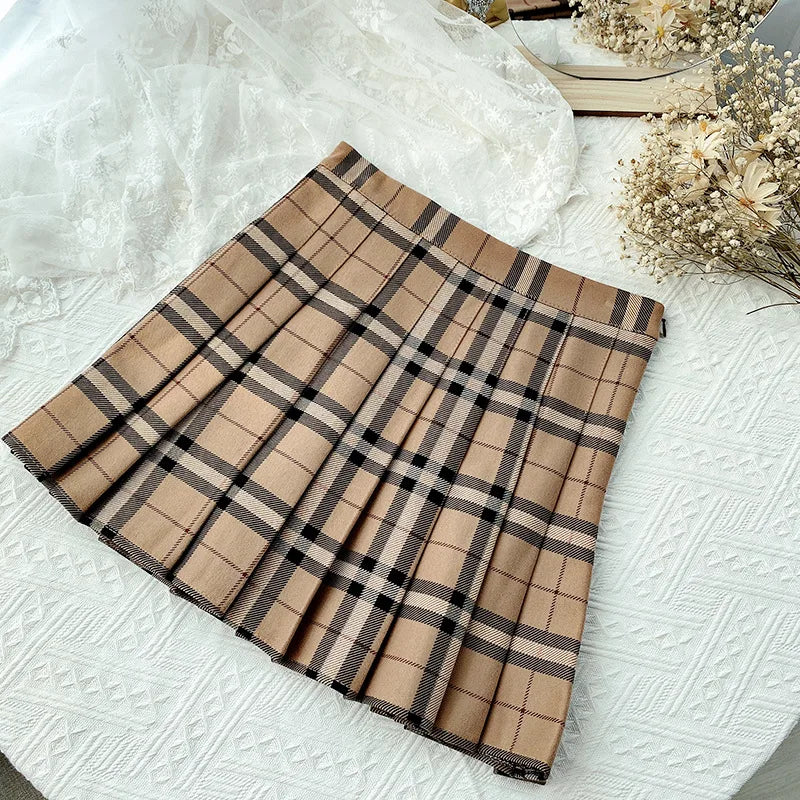 Contrast Color Plaid Striped Skirt Korean Version of Pleated Skirt Autumn High Waist A Line Plaid Mini Skirt Student Style Sweet - reetell