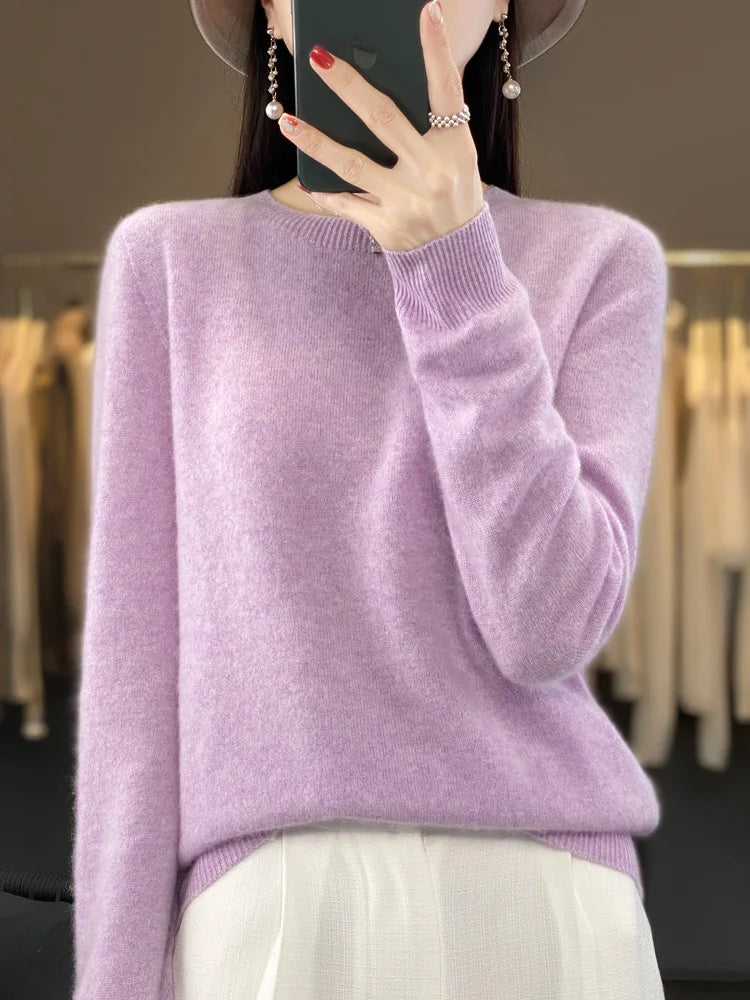 100% Merino Wool Sweater Women  Cashmere Pullover Knitwear Autumn Winter O-neck Solid Color Fashion Basic Female Clothes Tops - reetell