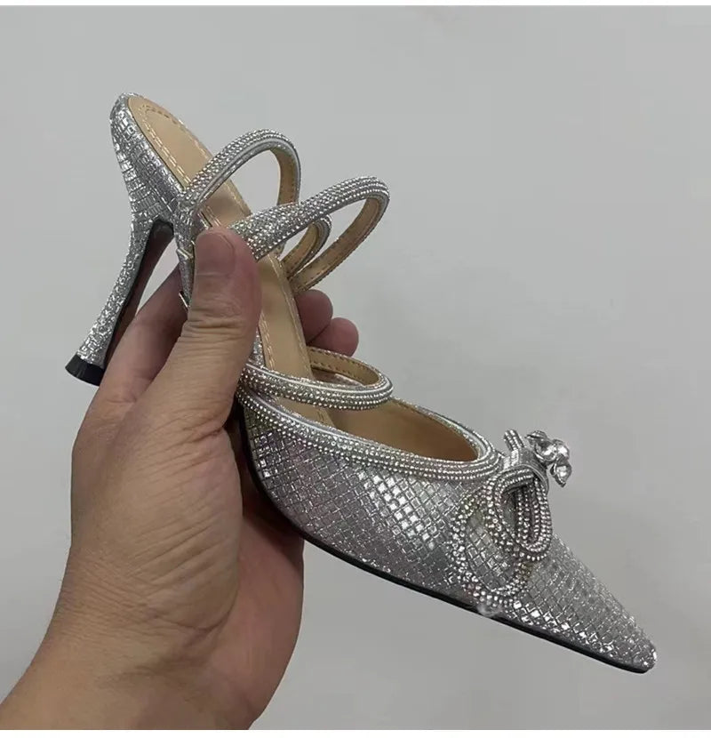 Brand Luxury Crystal Sequined Bowknot Women Pumps Sexy Ankle Strap High heels Female Sandals Summer Fashion Wedding Prom Shoes - reetell