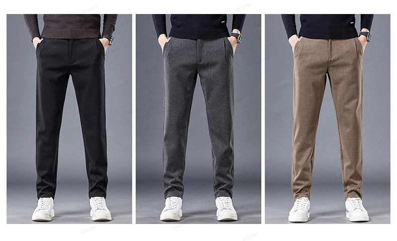 High Quality Autumn Winter Stripe Men's Suit Pants Elastic Waist Business Grey Stretch Thick Korea Office Formal Trousers Male - reetell