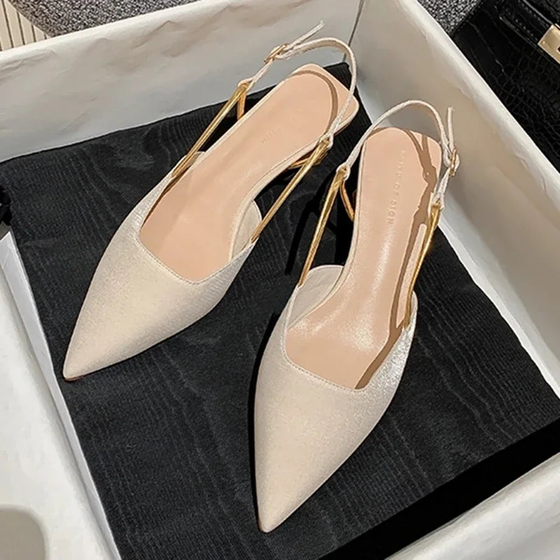 2024Summer Pointed Toe Silk Pumps Women Back Strap Buckle Thick Heels Sandals Woman Shallow Mouth Party Shoes Ladies