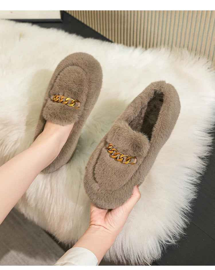 2023 winter women's outdoor plush warm shoes british style metal chain decoration snow boots boat shoes Ladies' casual flats - reetell