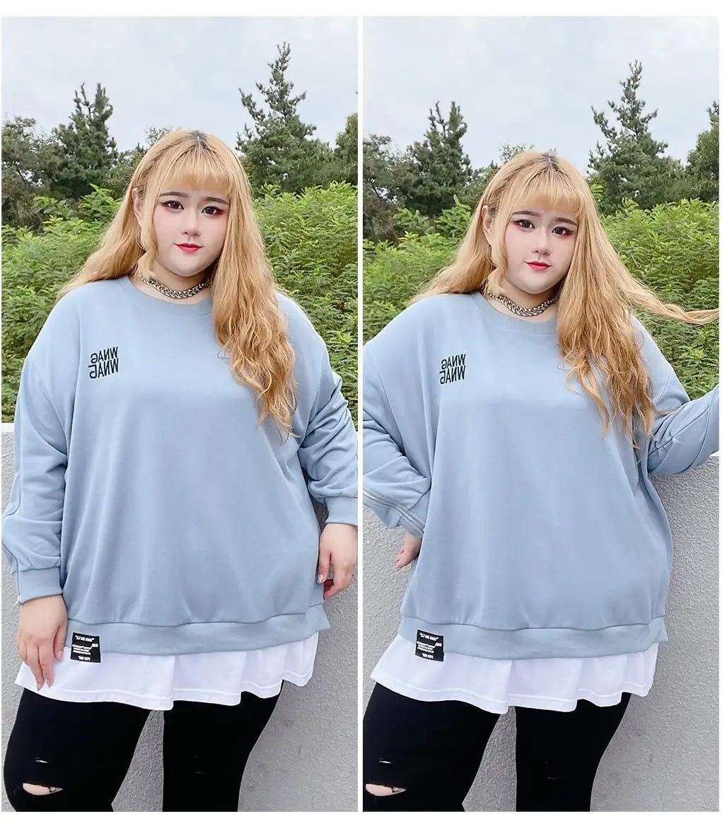 Spring Autumn New Korean Fashion Two Fake Pieces Plus Size Sweatshirt Women Letter Patchwork Casual Lady Tops Oversized Clothes - reetell