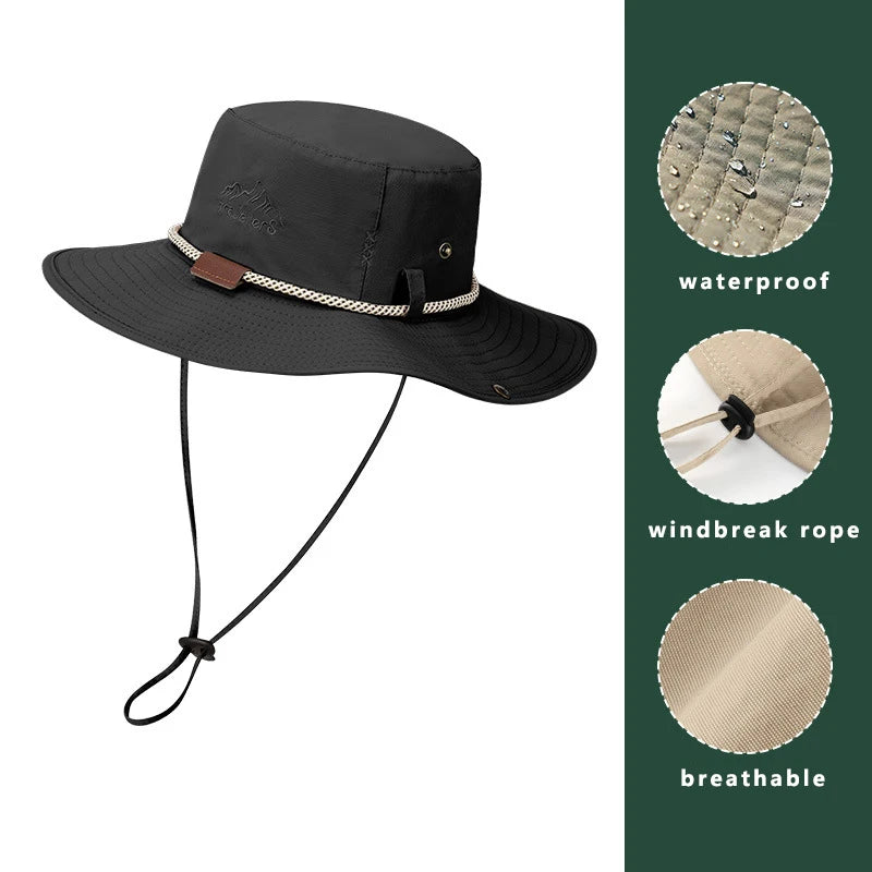 Men Bucket Hat Letter Embroidery Leather Label Cowboy Hat Waterproof Outdoor Hiking Fishing Cap Light 8cm Brim Anti-UV Sun Hat