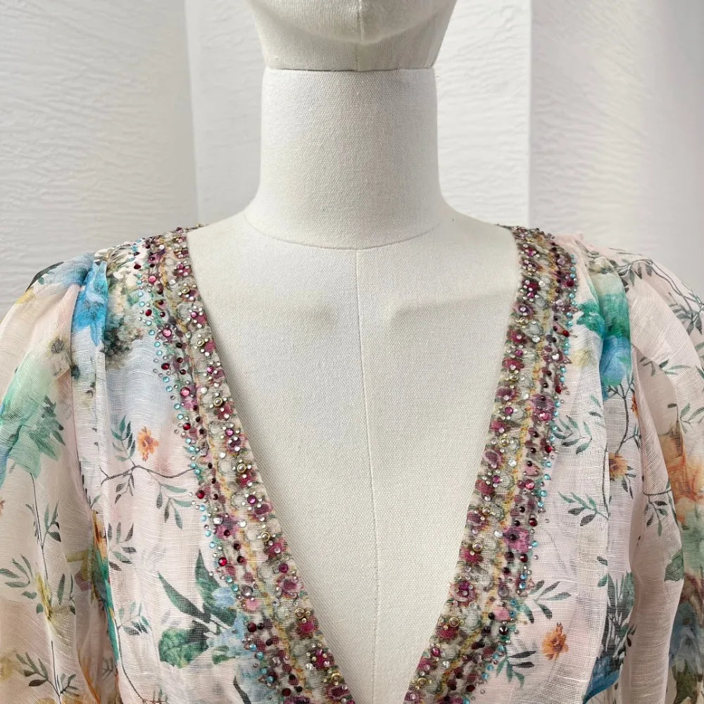 2024 New Collection Multicolor Floral Print 3/4 Sleeve Diamonds Pressed Deep V-neck High Quality Linen Silk Women Mini Dress - reetell