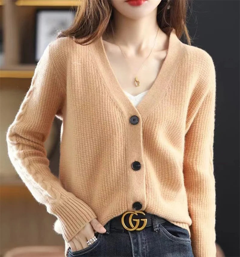 NewFall Fashion V Neck Women Knitted Sweater Cardigan Long Sleeve Soft Slim Sweater Outwear Femlae Solid Casual Knitted Sweater - reetell