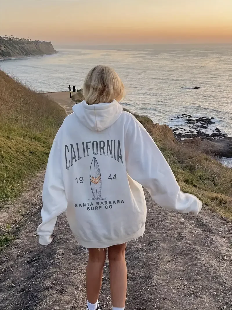 California Surf Print Kangaroo Pocket Hoodie Casual Long Sleeve Hoodies Sweatshirt Women's Clothing - reetell