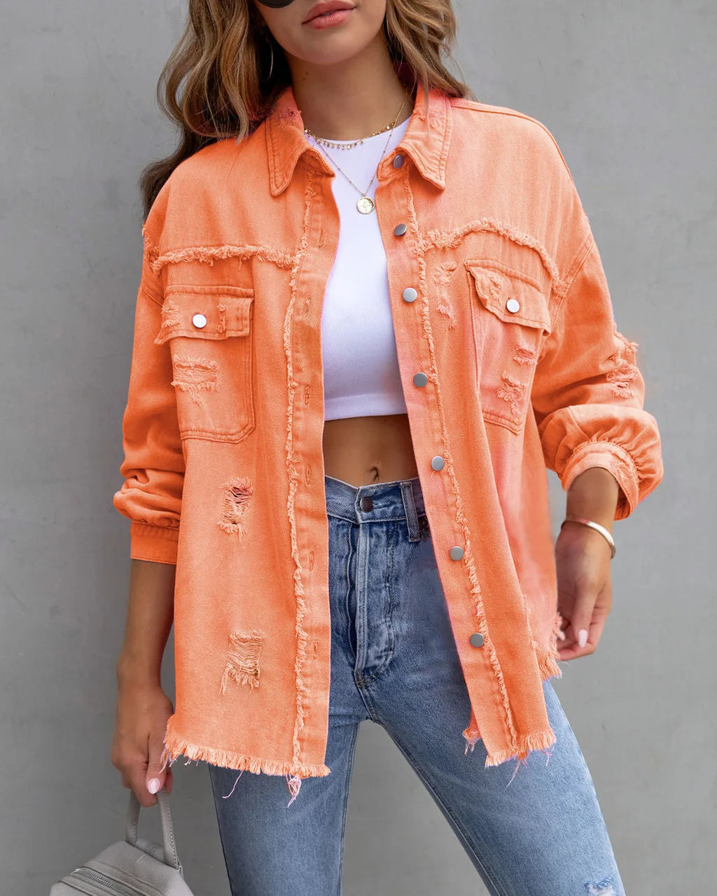 Women's Casual Lapel Mid-length Denim Jacket with Ripped Raw Edges