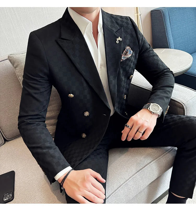 (Jacket+Pants) 2 Pieces Blue Apricot Business Party Men Suits Double Breasted Formal Style Custom Made Wedding Groom Tuxedos - reetell