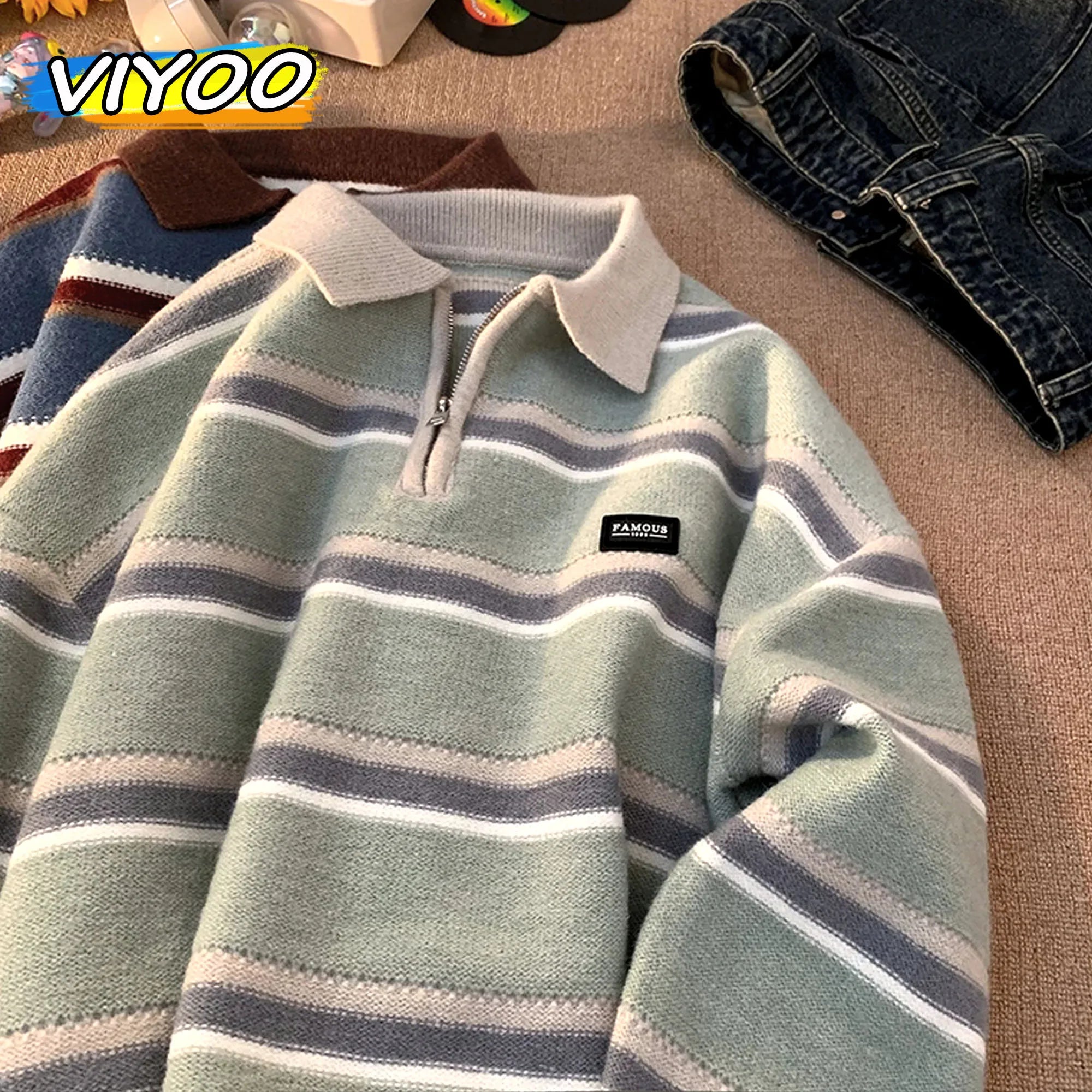 Japan Men's Y2K Knitted Warm Polo Knit Striped Turtleneck Sweater Shirts Winter Streetwear Knitwear Korean Clothes Jumper Men - reetell