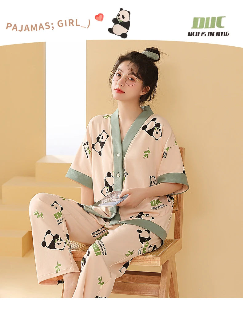 Women Clothing M-5XL Summer Cotton Panda Pajama Casual Short Sleeve Kimono Cardigan Sleepwear Cartoon Nightwear Woman Loungewear