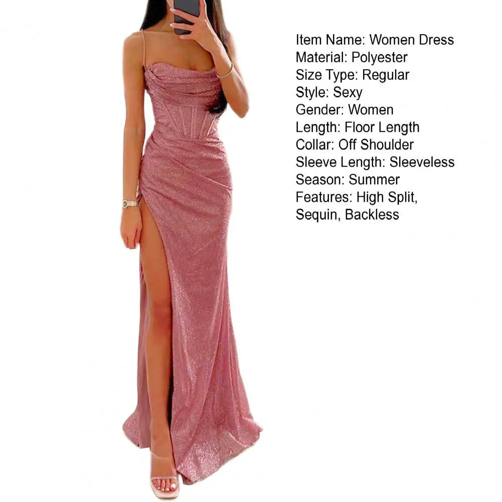 Woman Spring Summer Bodycon Dress Sexy Shiny Sequins Spaghetti Strap Split High Waist Dress Lady Prom Dress Evening Dresses - reetell