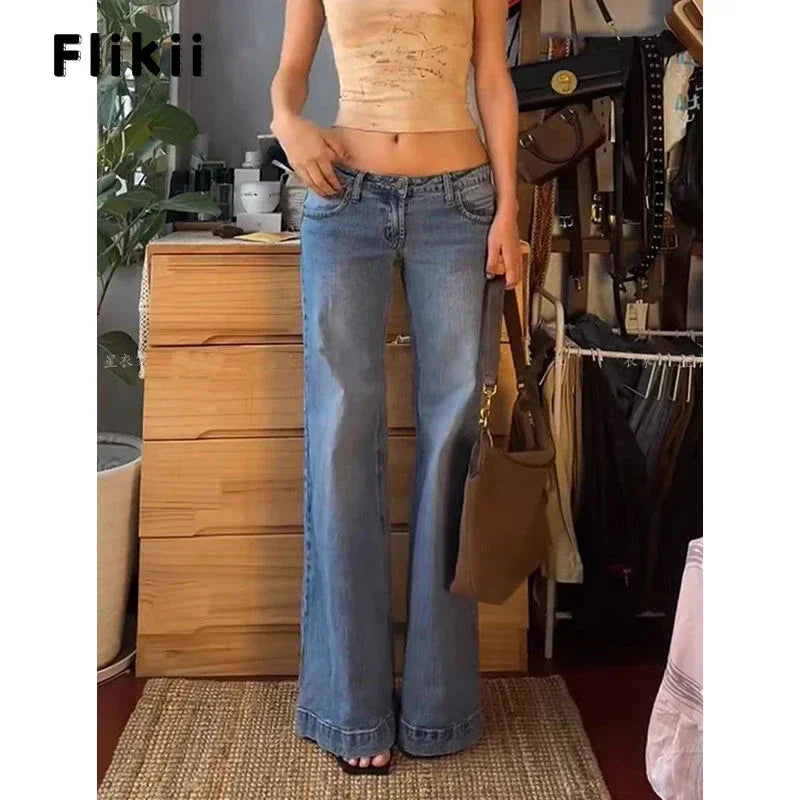 Women's Retro Washed Low Waisted Flared Jeans 2024 New Chic Casual Wide-leg Pants Female Sexy Denim Bell-bottoms Trousers Y2K - reetell