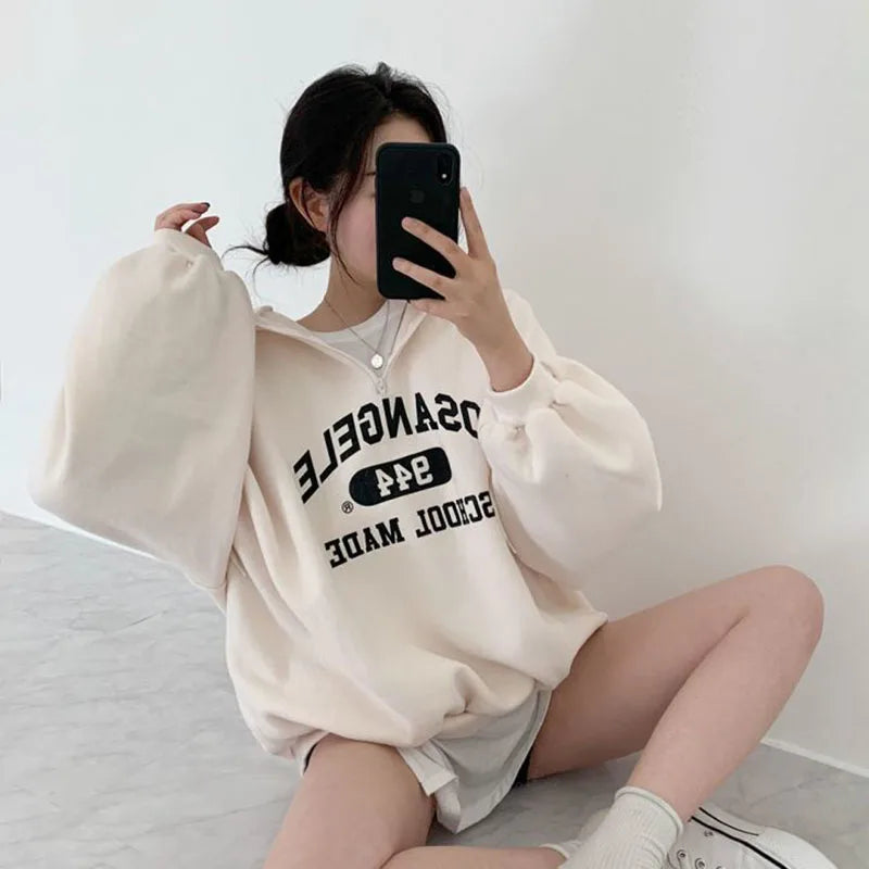 Fashion Letter Print Sweatshirts Women Autumn Winter Loose Preppy Thick Warm Hoodies Harajuku Casual Zipper Hooded Pullovers - reetell