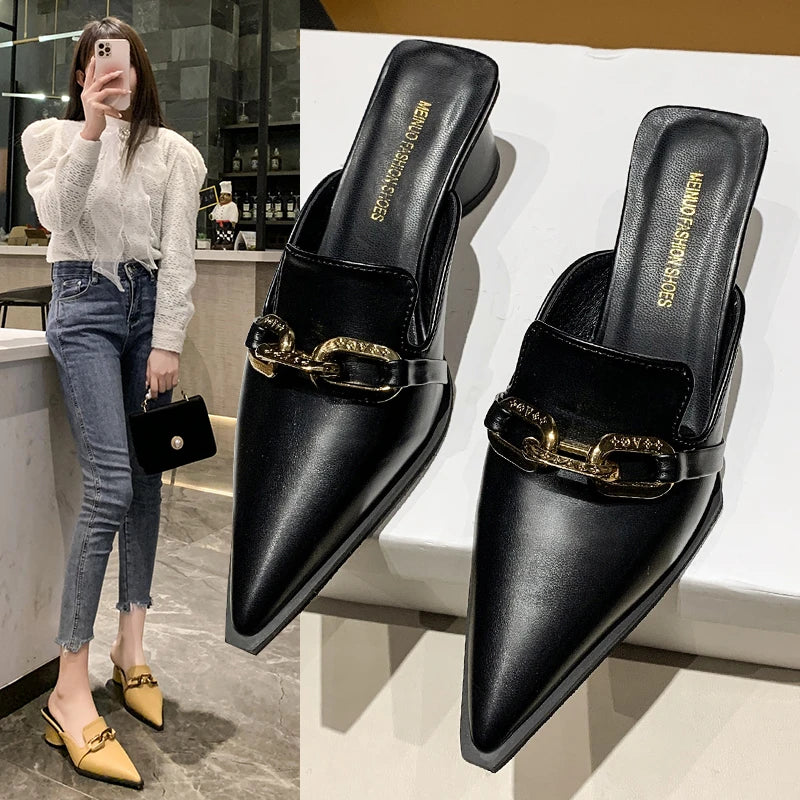 Female Shoes Cover Toe Butterfly-Knot Mules for Women Slippers Casual Square Heel Loafers Slides New Luxury Pointed Women Shoes