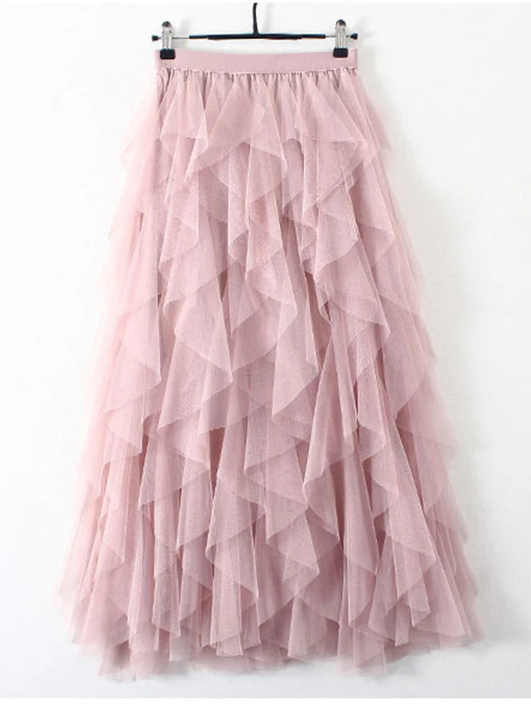 Tutu Tulle Long Maxi Skirt Women Fashion 2022 Korean Cute Pink High Waist Pleated Skirt Mesh Female Lady Aesthetic Faldas - reetell