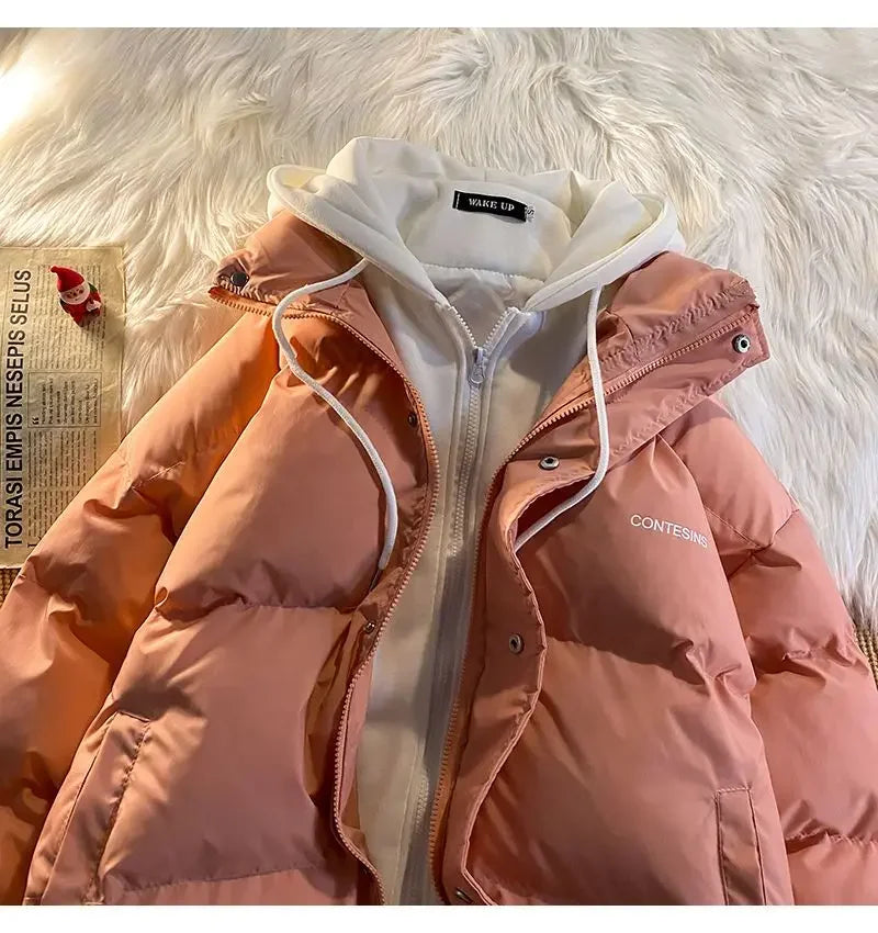 Korean fashion Version Winter Leisure Cotton Clothes Women Y2K Multi-functional Fake Two Pocket Zipper Down Jacket Thick Coat - reetell