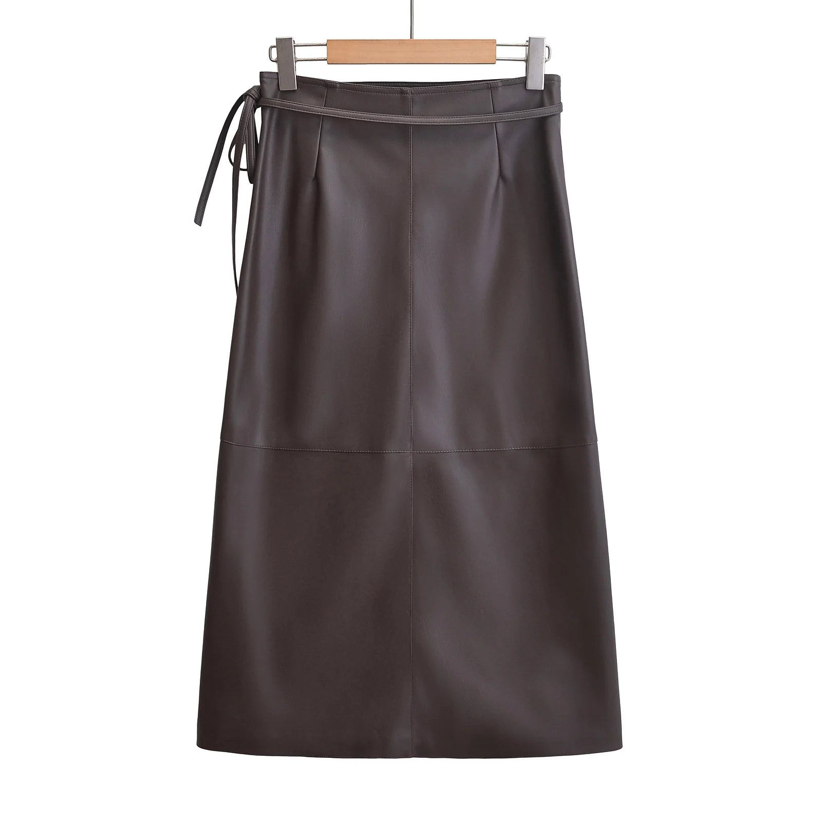 XNWMNZ 2024 Women's Fashion Autumn/Winter Faux Leather Midi Skirt Women Retro High Waist Wrap belt Tie Female Skirt - reetell