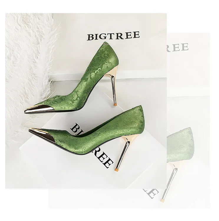 BIGTREE Shoes Metal Pointed End Women Pumps Silks Satins High Heels Ethnic Style Women Stilettos Heels 10 Cm Banquet High Heels