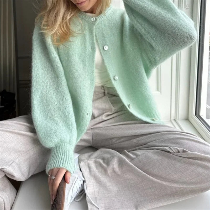 Lamuusaa y2k Sweaters 2000s Women Solid Color Round Neck Single Breasted Long Sleeve Cardigan Tops Warm Knitwear Streetwear - reetell