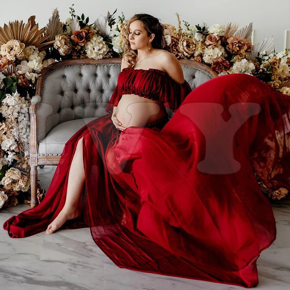 Pregnant Women Photoshoot Outfit For Women Ruffle Edge Short Sleeved Off Shoulder Chiffon Dress Maternity Dress For Baby Showers