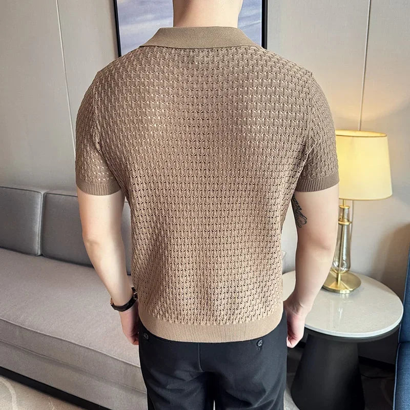 Men's Polo Shirt 2024 Summer New Light and Thin Knitted Hollow Solid Color Casual Short Sleeved V-neck T-shirt Men's Clothing