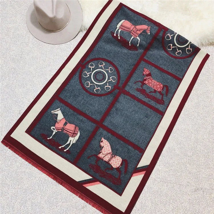 Women's Autumn Winter Horse Pattern Scarf New Luxury Cashmere Feeling Large Blanket Wrap Soft Warm Brand Shawl Retro & Classical - reetell