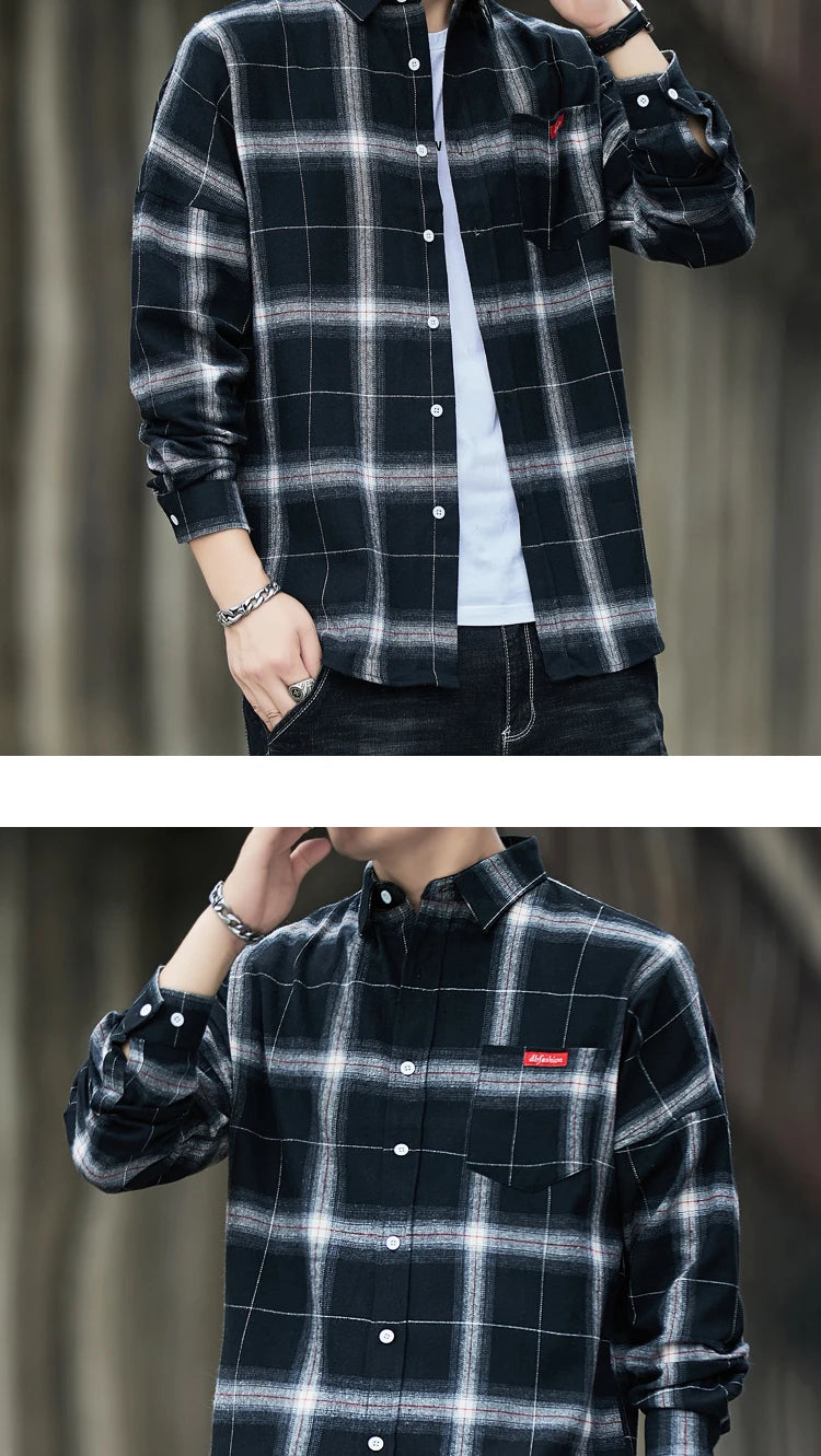 Autumn New Casual Men's Flannel Plaid Shirt Brand Male Business Office Red Black Checkered Long Sleeve Shirts Clothes