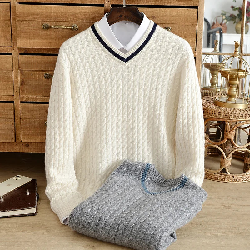 Winter top thickened pure cashmere sweater men's v-neck jacquard knitted sweater student warm bottoming shirt youth fashion - reetell