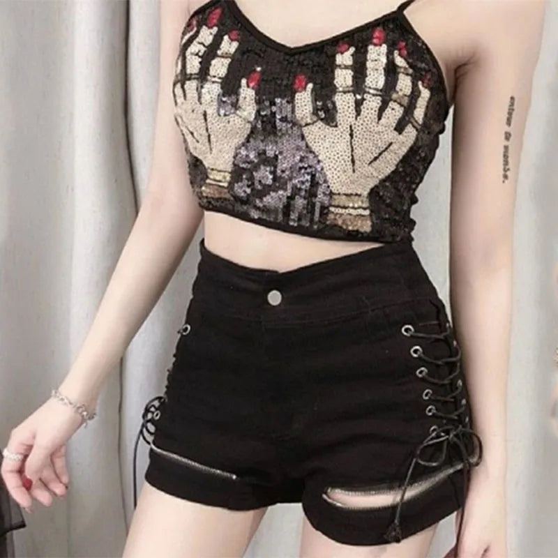 Sexy Skinny Denim Shorts for Women 2023 Summer Korean High Waist Lace-Up Zipper Black Shorts Woman Harajuku Club Wide Leg Pants - reetell