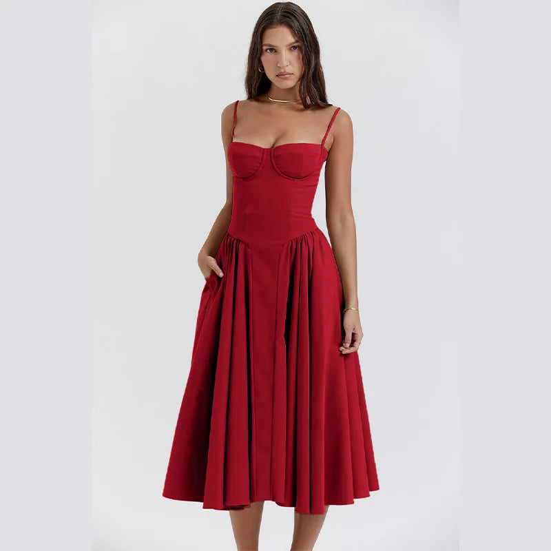 Sexy Solid Pleated Hem Sling Dress Women Fashion Midi Sleeveless Backless Dresses Female 2024 Summer Party Evening A-line Robes - reetell