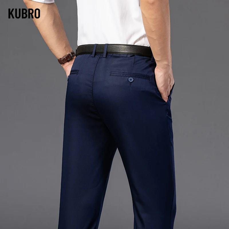 KUBRO Men's Summer Thin Fashion Business Casual Suit Pants Long Pants Men's Elastic Straight Sleeve Formal Pants Plus Size 28-40 - reetell