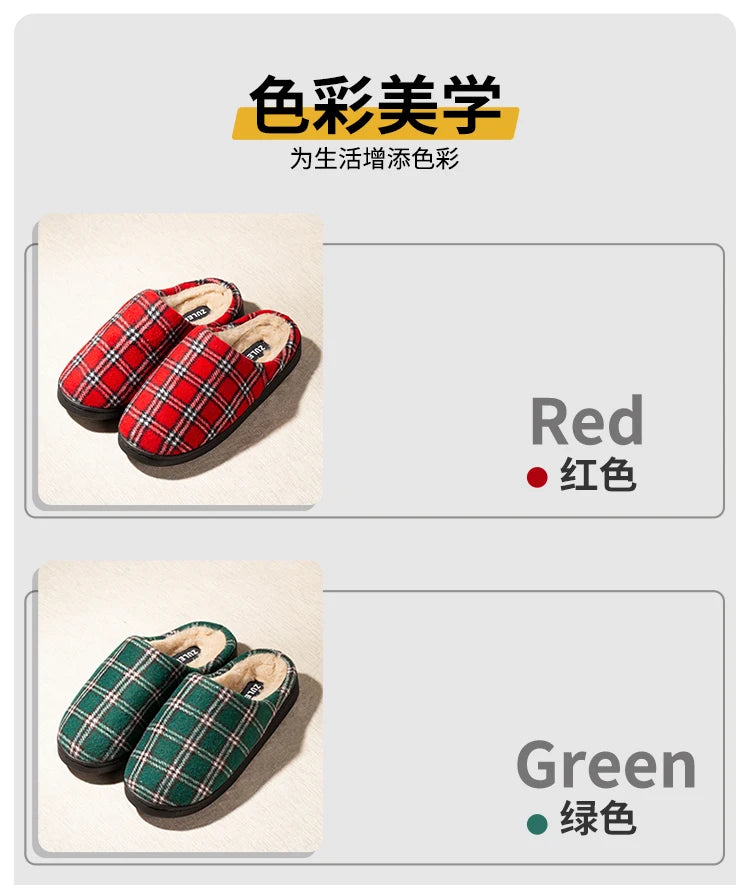 New Men's Striped Warm House Fleece Cozy Non-slip Plaid Cotton Mops Couples Slippers Winter Soft Indoor Bedroom Couples Shoes