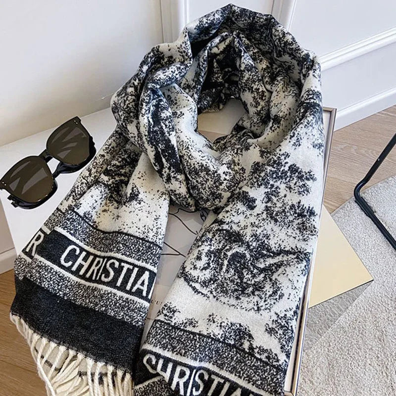 2024 Women's New Scarf Ink Color Printing Black border Shawl with White Tassels Winter Outdoor Warm Muslim Female Pashmina - reetell