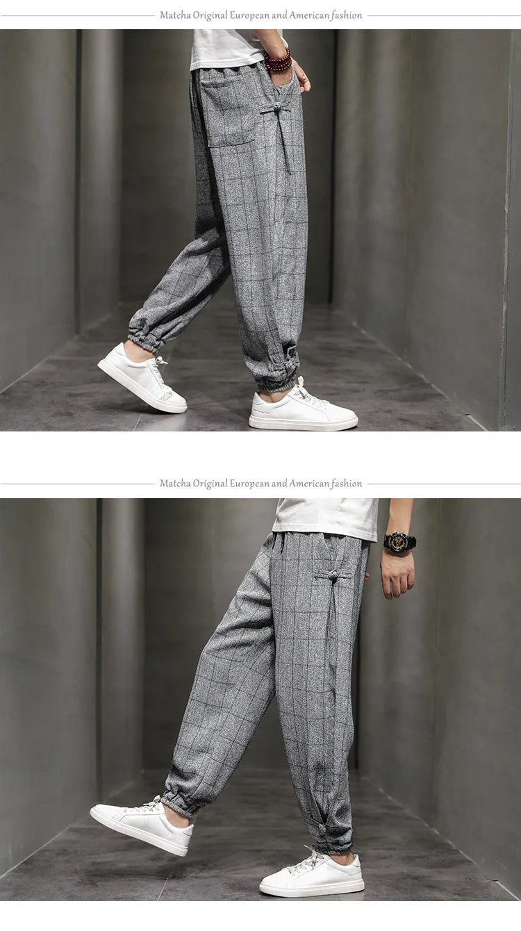 Cotton Linen Pants for Men New Trend Disc Buckle Hallen Pants Man Spring Summer Comfortable Breathable Casual Pants