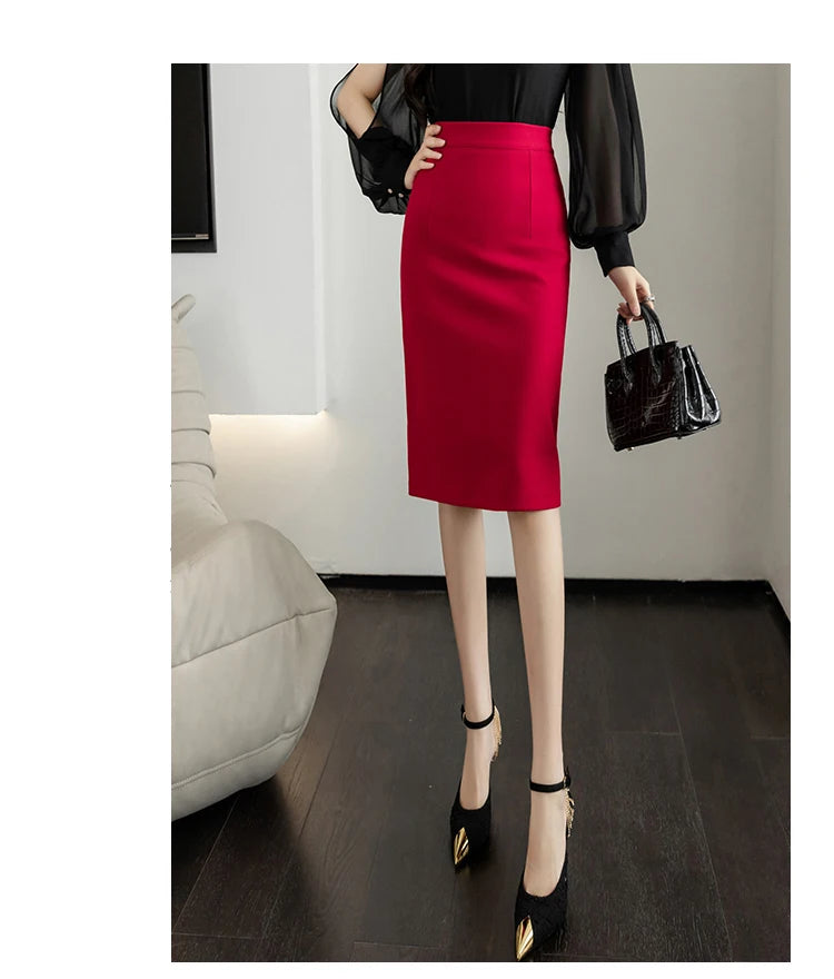 Classic Vintage Gray Red Stretch Pencil Skirts For Women Office Lady Formal Black Midi Skirts Elegant Female Package Hip Skirts - reetell