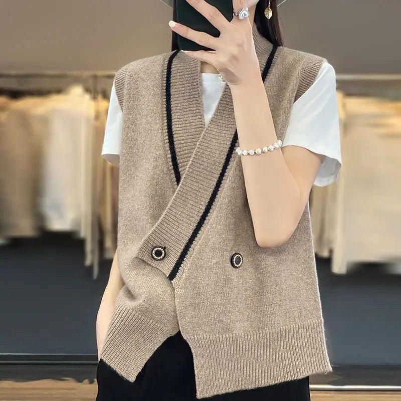 New V-neck Women's Vest Knitted Cardigan Loose Spring and Autumn Sweater Jacket Sleeveless Vest Top - reetell