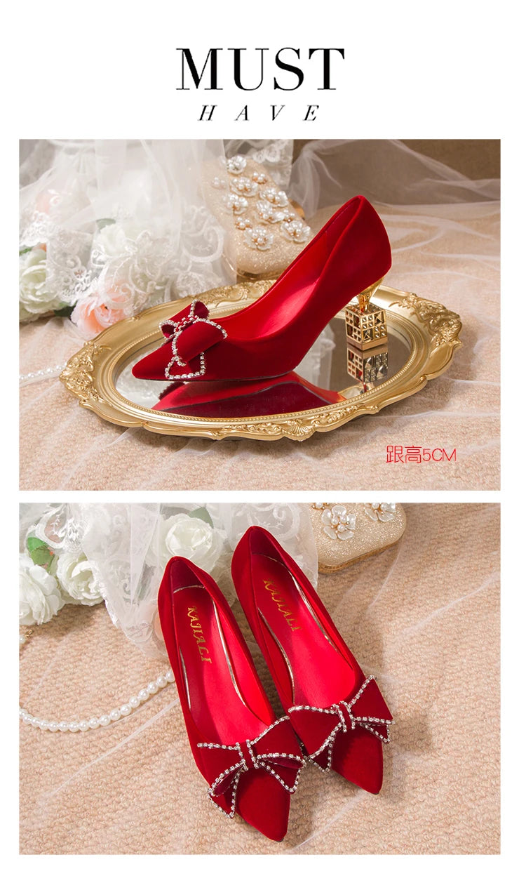 Autumn New Ladies High Heels Pointed Toe Shaped Heel High 5cm and 7cm Wedding Shoes Square Buckle Travel Banquet Shoe High Heels