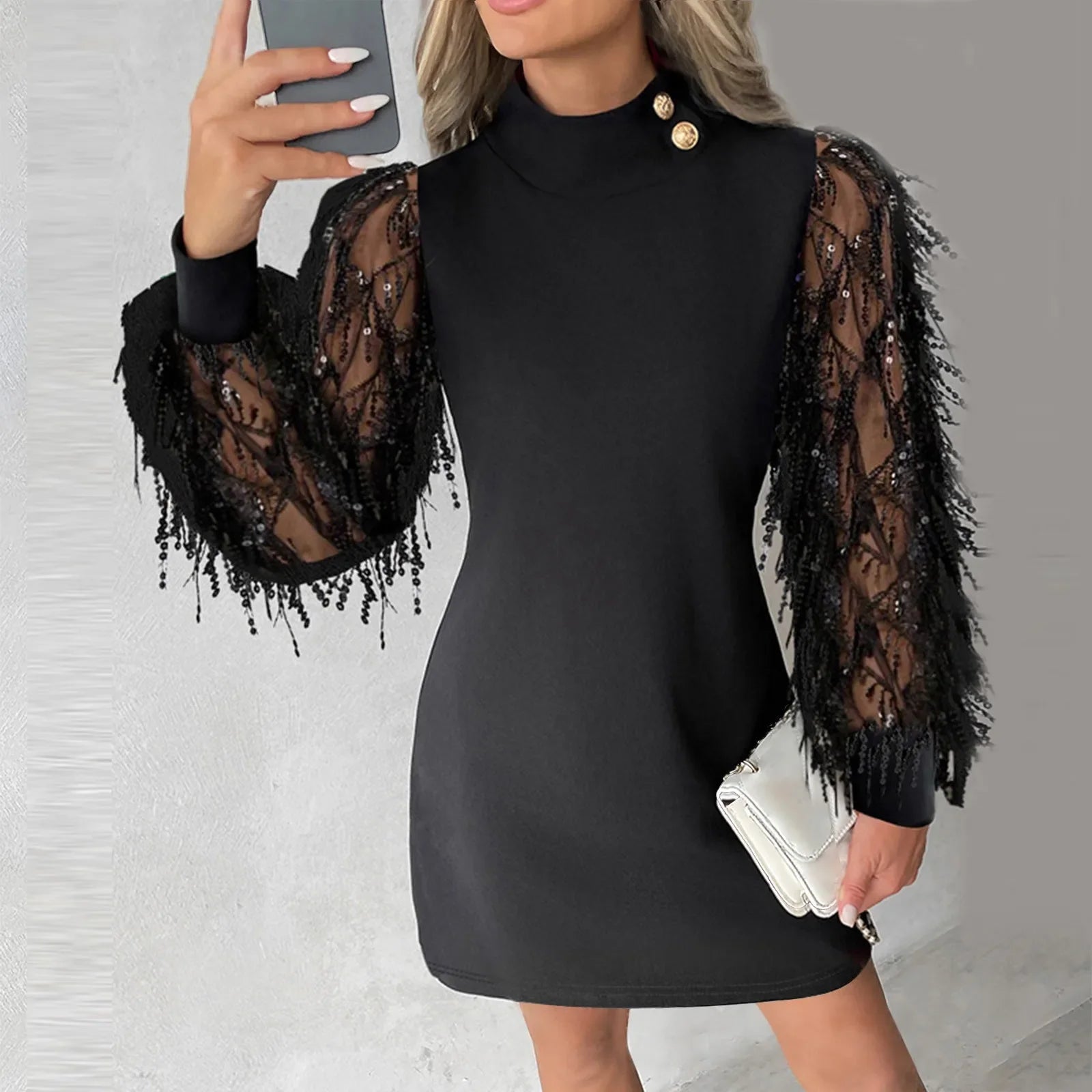 Elegant Tassel Mesh Long Sleeve A-Line Dress Women Fashion O-neck Button Slim Party Dress 2024 Sexy Glitter Patchwork Mini Dress - reetell