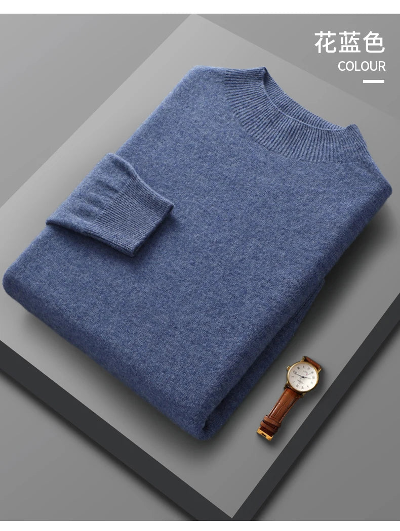 Spring Autumn 100% Merino Wool Pullover Sweater Cashmere Knitwear Men Mock-Neck Long-sleeve Basic Clothing Grace Tops - reetell