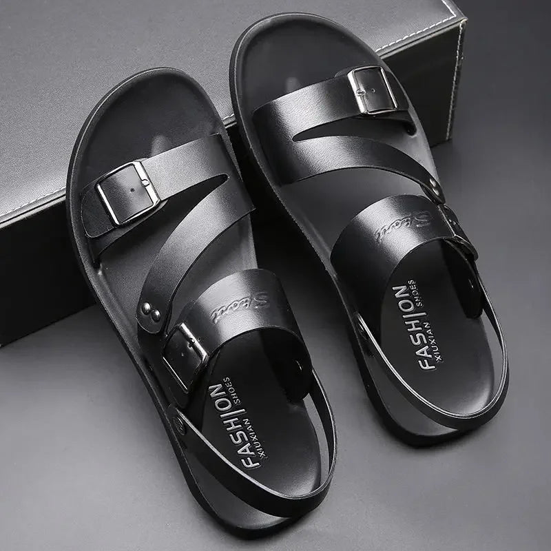 Simple Men's Sandals Solid Color PU Leather Men's Summer Shoes Casual Comfortable Open Toe Sandals Soft Beach Shoes Men's Sandal