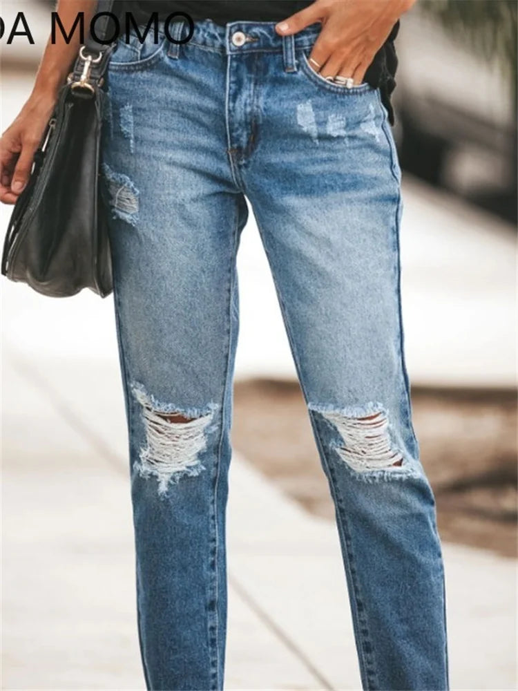 2022 Jeans woman Female ripped boyfriend hole korean fashion buttom womans pencil pants denim elastic trousers for ladies Donna - reetell