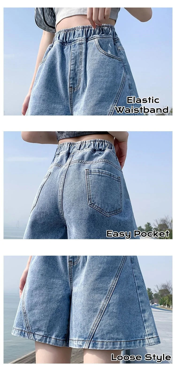 Big Size Denim Shorts Quarter Trousers A Wide Leg Loose High Waist Skinny Students Fattening Women Pocket Splicing Stripe - reetell