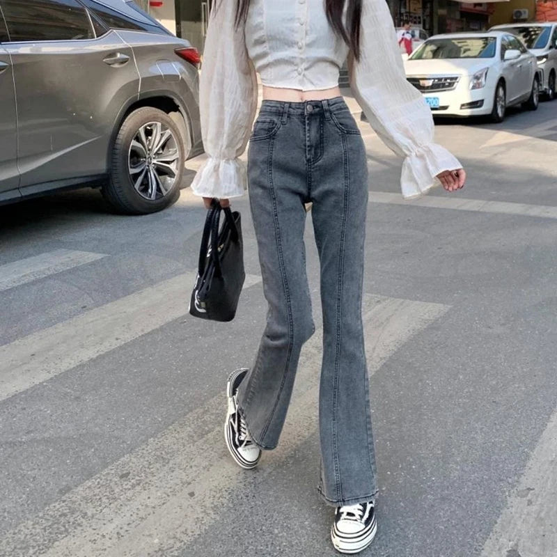 Vintage High Waist Flare Jeans High Street Women Boot Cut Denim Pant Slim Loose Korean Casual Button Up Zippers Gray Trousers - reetell