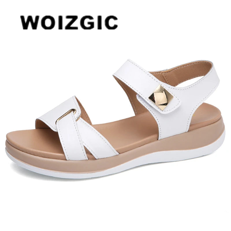 WOIZGIC Women Female Ladies Mother Genuine Leather Shoes Sandals Flats Soft Hook Loop Korean Bling Summer Beach Size 35-40 - reetell