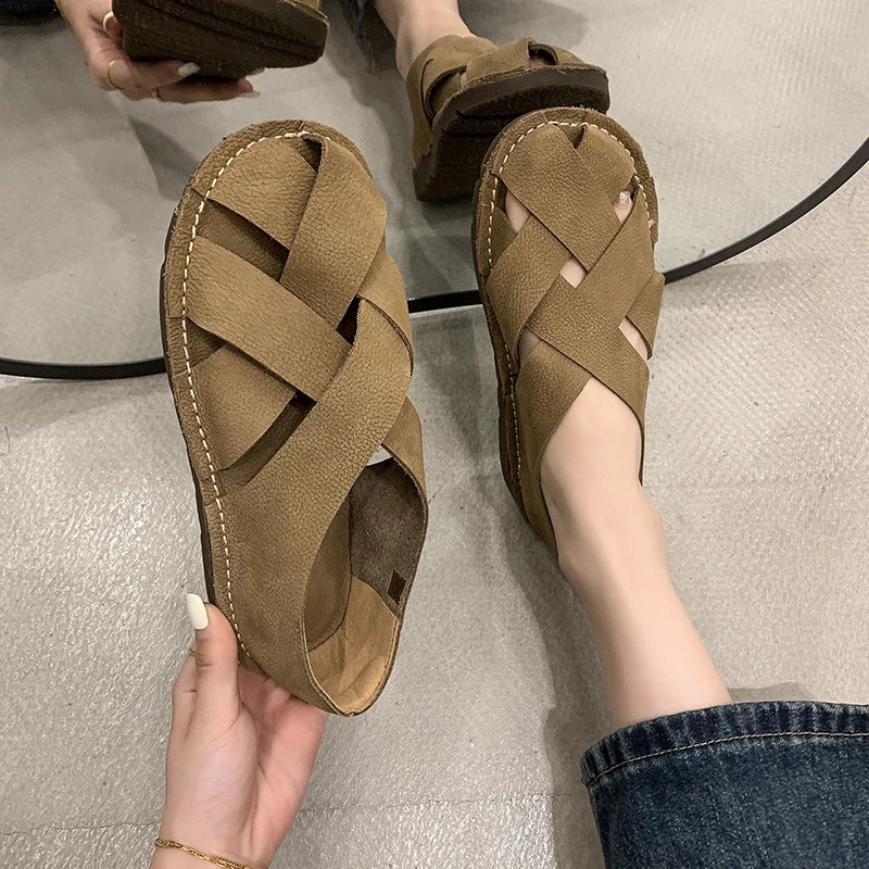 2024 leather Women's Sandals Top Layer Cowhide Handmade Woven  Women casual Flats the retro art mori girl shoes