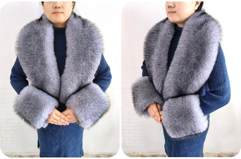 Winter Faux Fur Collar Cuffs Set Women Fluffy Large Shawl Coat Accessories Warm Fashion Fake Fox Fur Scarf Furry Scarves Female - reetell